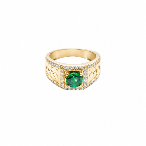14KT Gold Ring Men's Square Green CZ Round Center Stone White CZ Stone Border Band Design Braid with Single Row White CZ Stones Border
