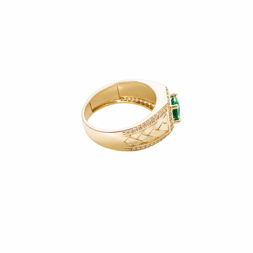 14KT Gold Ring Men's Square Green CZ Round Center Stone White CZ Stone Border Band Design Braid with Single Row White CZ Stones Border