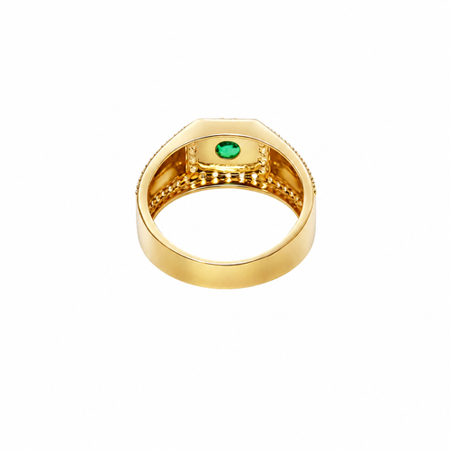14KT Gold Ring Men's Square Green CZ Round Center Stone White CZ Stone Border Band Design Braid with Single Row White CZ Stones Border