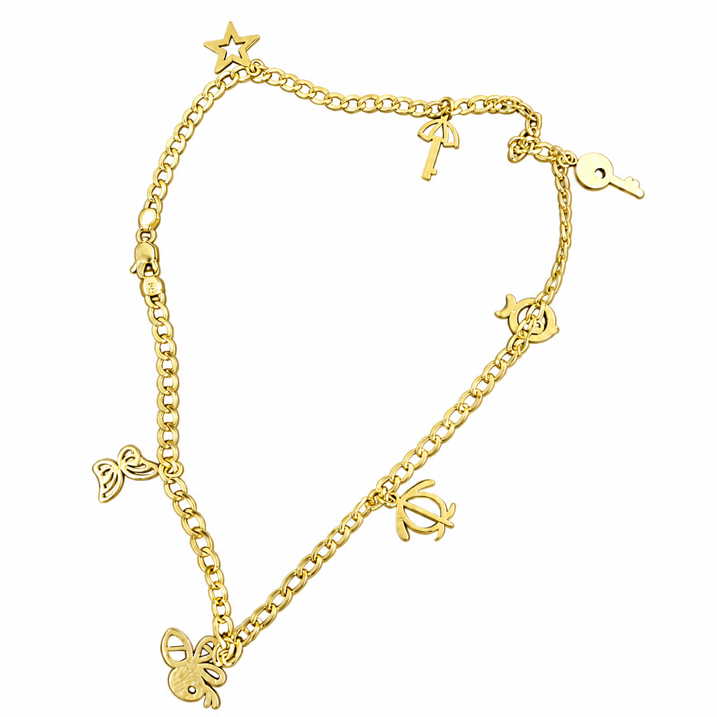 14KT Gold Hollow Curb Anklet with Flat Charms (Umbrella Key, Key, Butterfly, Star, Fish, Penguin, Bee) 4.5mm