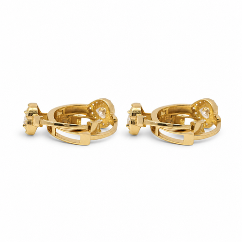 14KT Gold Earring Medium White CZ Stones Heart Center with White CZ Stones Border Huggie