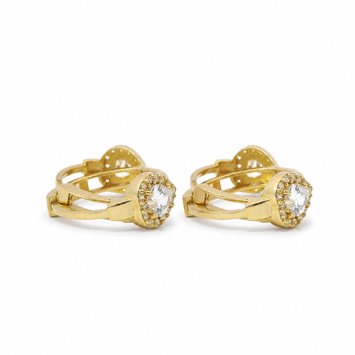 14KT Gold Earring Medium White CZ Stones Heart Center with White CZ Stones Border Huggie