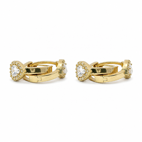 14KT Gold Earring Medium White CZ Stones Heart Center with White CZ Stones Border Huggie