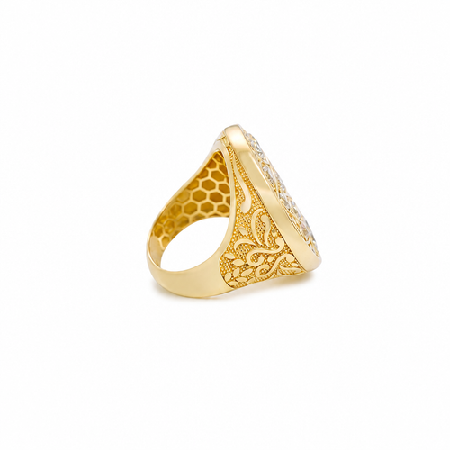 14KT Gold Ring Men's Jumbo Rosetta with White CZ Stones and Floral Print Band Design