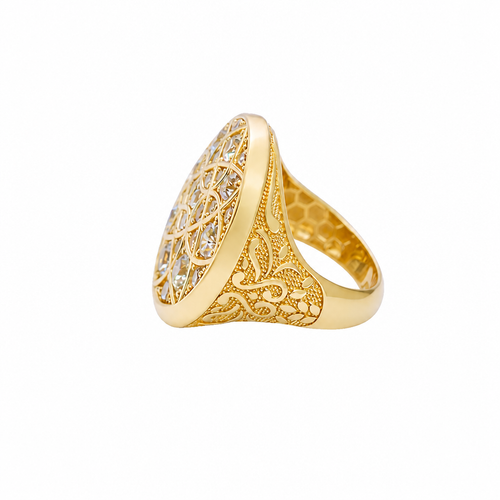 14KT Gold Ring Men's Jumbo Rosetta with White CZ Stones and Floral Print Band Design