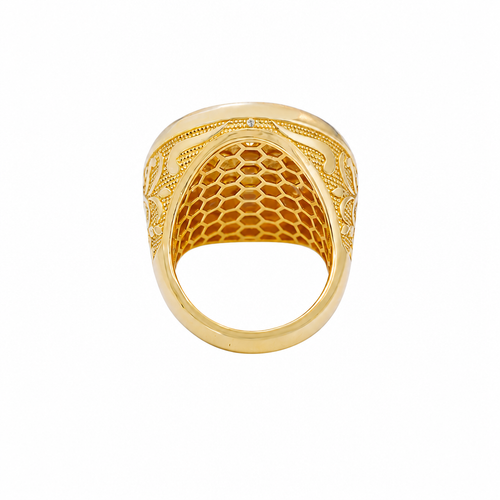 14KT Gold Ring Men's Jumbo Rosetta with White CZ Stones and Floral Print Band Design
