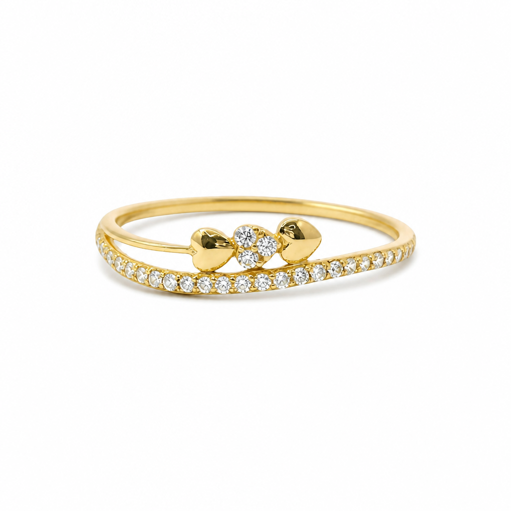 14KT Gold Ring Women's Light Weight Triple Hearts with White CZ Stone Center Heart and Band