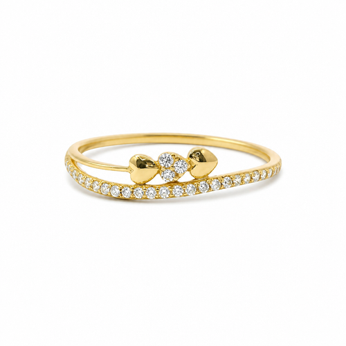 14KT Gold Ring Women's Light Weight Triple Hearts with White CZ Stone Center Heart and Band