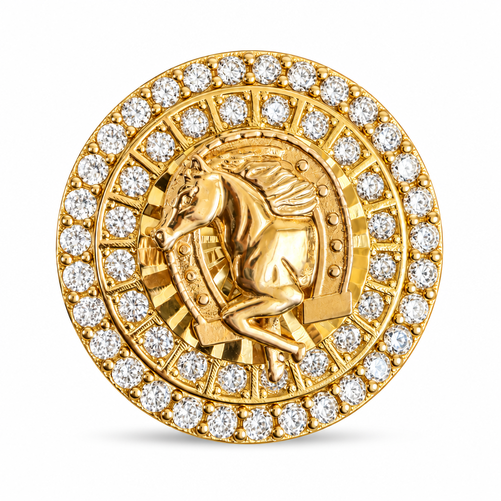 14KT Gold Ring Men's Two Tone Round Raised Horse Portrait with Horseshoe Frame Center with Sunray Background, Double Row White CZ Stones Border with Etched Stripe Band
