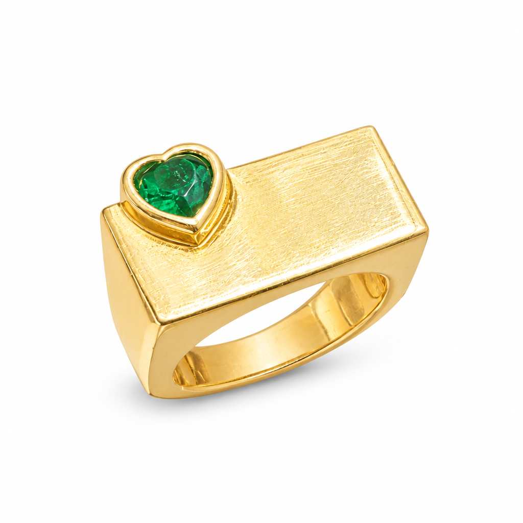 14KT Gold Ring Women's Engravable Rectangle with Dark Green Heart CZ Stone Corner and Plain Band