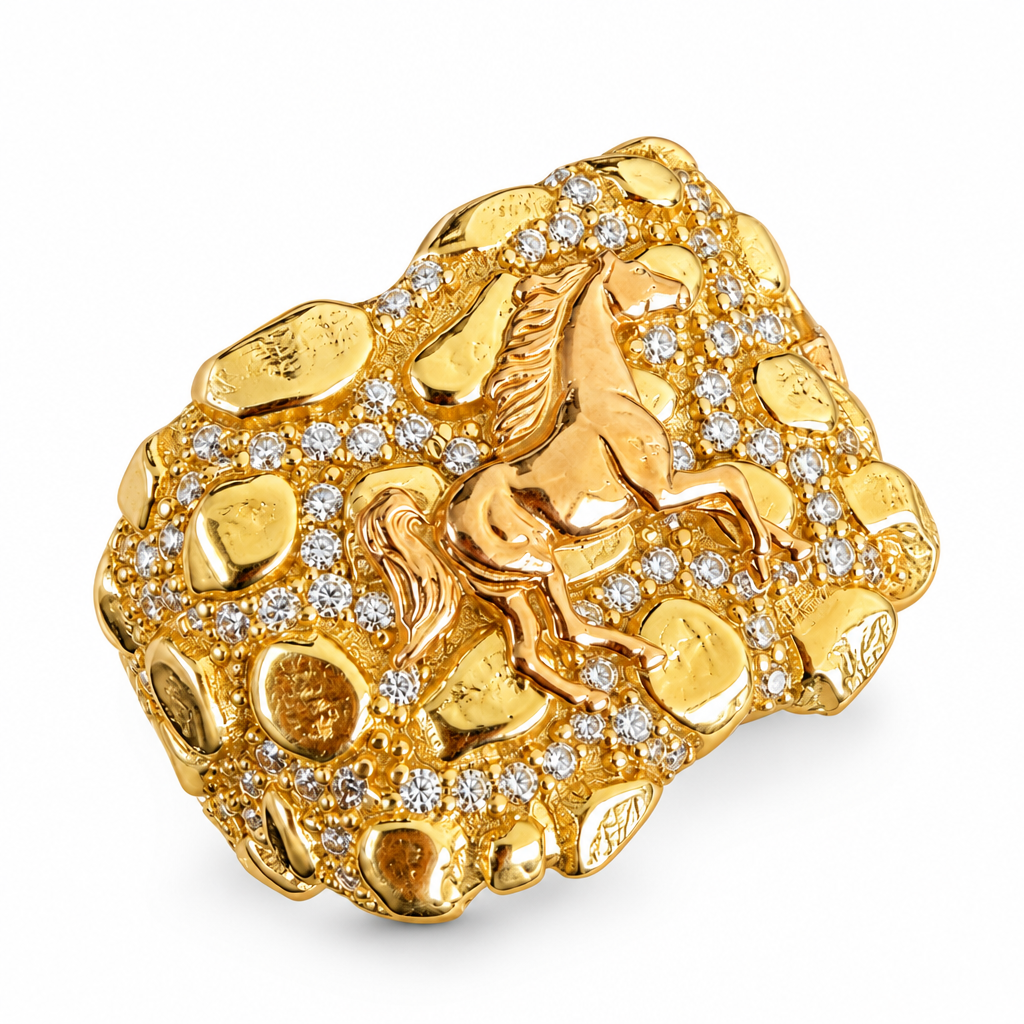 14KT Gold Ring Men's Rectangle Two Tone Full Horse Center with White CZ Stones Nugget Background and Rose Gold Star on Nugget Band