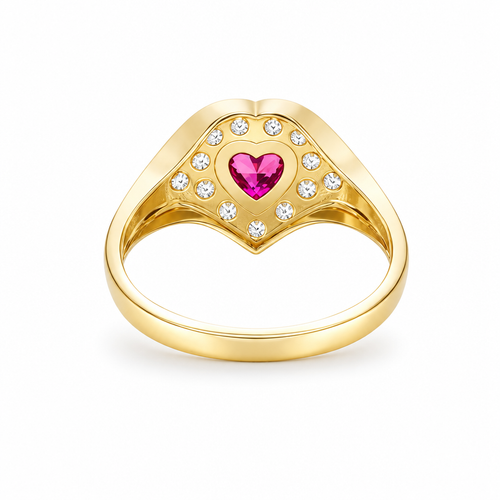 14KT Gold Ring Women's "Class of 2025" Red Center Heart CZ Stone White CZ Stones Border Plain Band