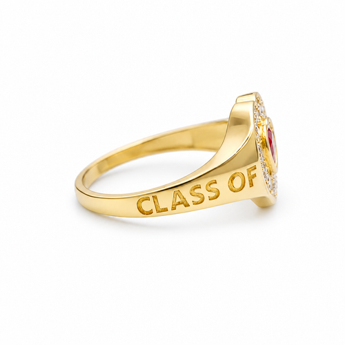14KT Gold Ring Women's "Class of 2025" Red Center Heart CZ Stone White CZ Stones Border Plain Band