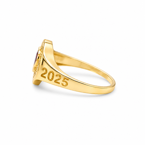 14KT Gold Ring Women's "Class of 2025" Red Center Heart CZ Stone White CZ Stones Border Plain Band