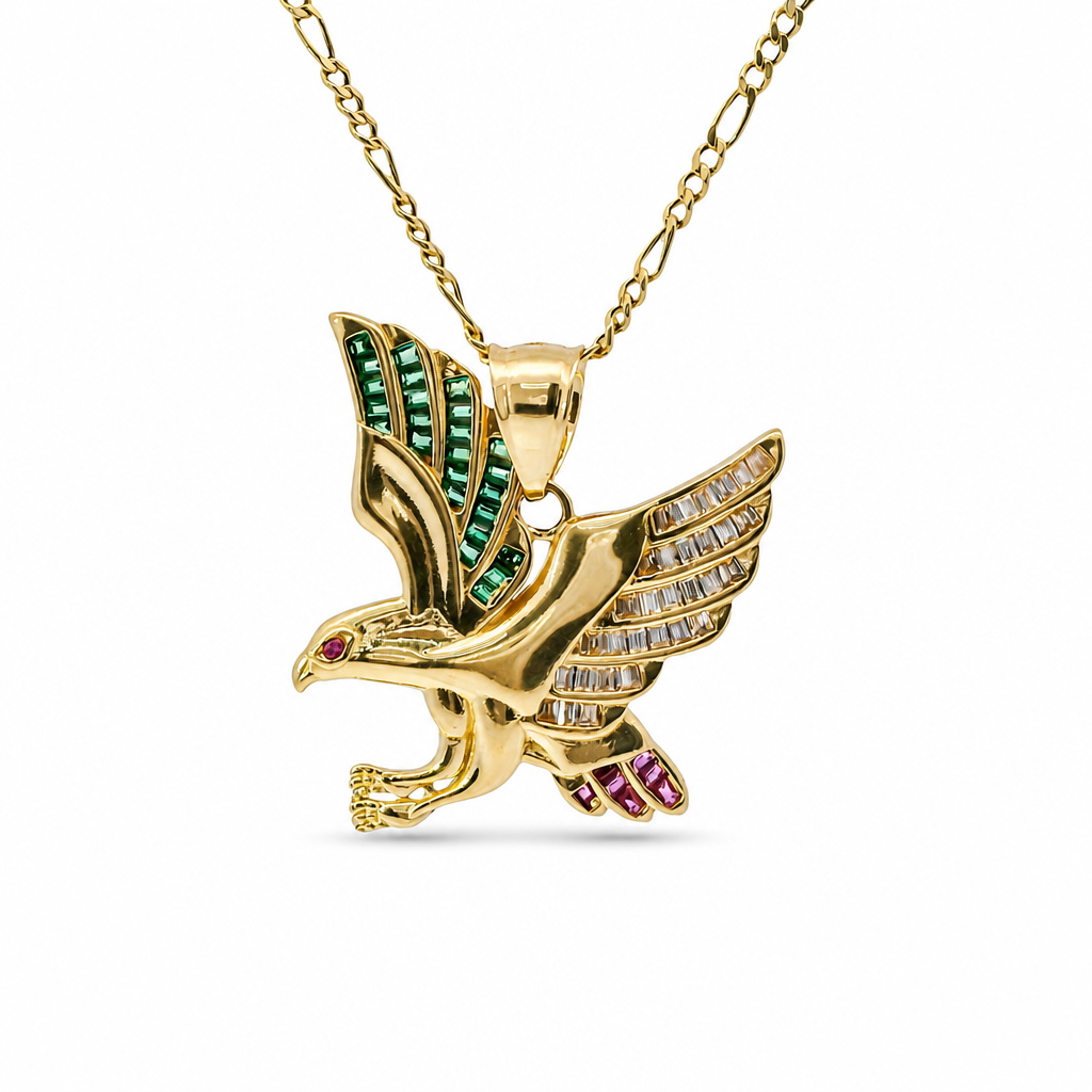 14KT Gold Charm Small Left Facing Soaring Eagle with Baguettes White, Red, and Green CZ Stones Wings, Red CZ Stones Eye and Plain Bell