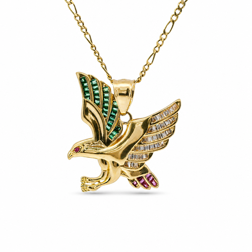 14KT Gold Charm Small Left Facing Soaring Eagle with Baguettes White, Red, and Green CZ Stones Wings, Red CZ Stones Eye and Plain Bell