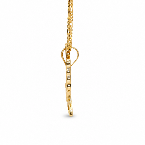 14KT Gold Charm Small Left Facing Soaring Eagle with Baguettes White, Red, and Green CZ Stones Wings, Red CZ Stones Eye and Plain Bell