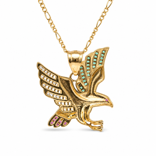 14KT Gold Charm Small Left Facing Soaring Eagle with Baguettes White, Red, and Green CZ Stones Wings, Red CZ Stones Eye and Plain Bell