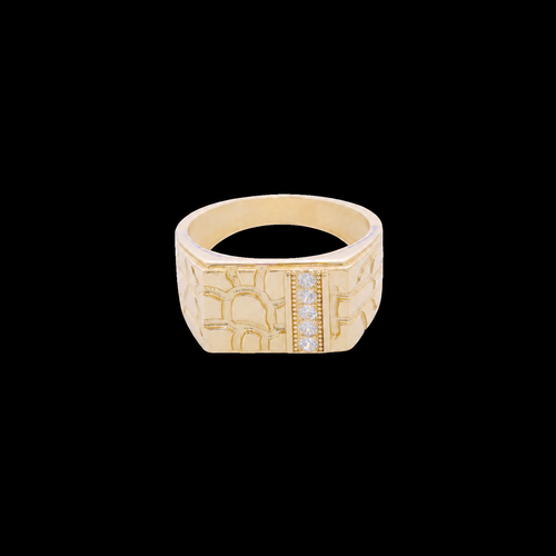 14KT Gold Ring Men's Rectangle Nugget with Five White CZ Stones in a Line with Plain Border