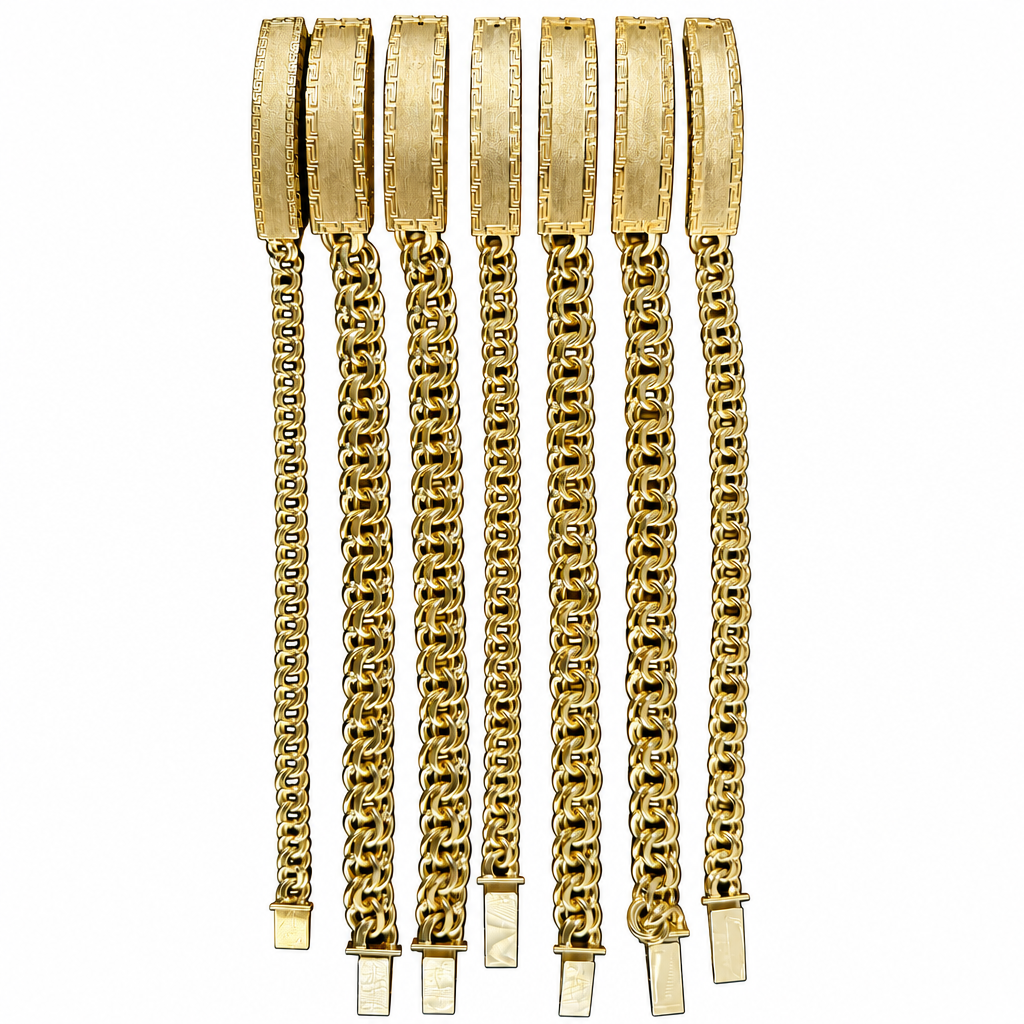 14KT Gold Bracelet Hollow Chino Band with Greek Border Name Plate 11.5mm