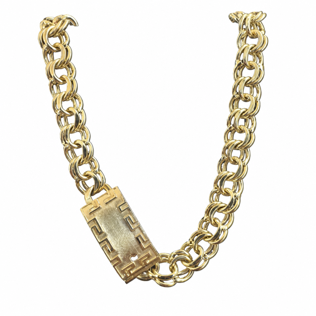 14KT Gold Chain Hollow Chino with Greek Border Pin Lock 7mm