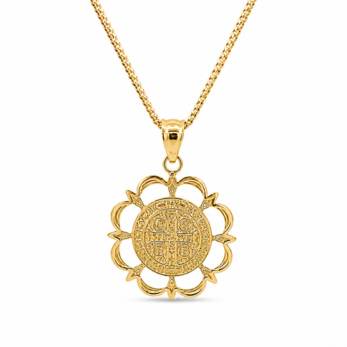 14KT Gold Charm Medium Round Two Tone St Benedict Coin Center with Greek Border, Open Scallop Border, and Plain Bell