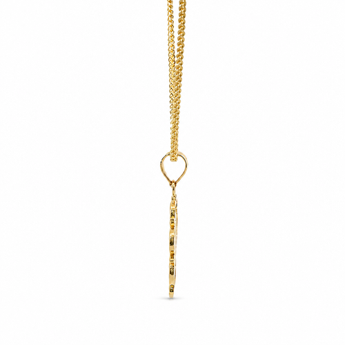 14KT Gold Charm Medium Round Two Tone St Benedict Coin Center with Greek Border, Open Scallop Border, and Plain Bell