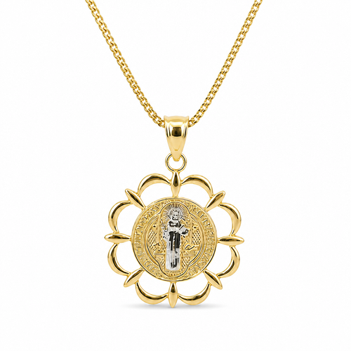 14KT Gold Charm Medium Round Two Tone St Benedict Coin Center with Greek Border, Open Scallop Border, and Plain Bell