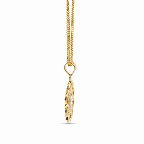 14KT Gold Charm Medium Round Two Tone St Benedict Coin Center with Greek Border, Open Scallop Border, and Plain Bell