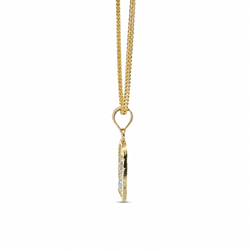 14KT Gold Charm Extra Small Two Tone Caridad Cobre Diamond Cut Lattice Square Archway and Plain Bell