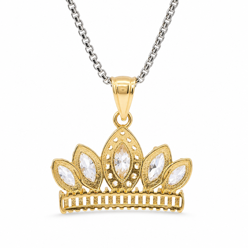14KT Gold Charm Jumbo Two Tone Quincenaera "15" Center White Marquise Crown with White CZ Baguette Stones Band and Plain Bell