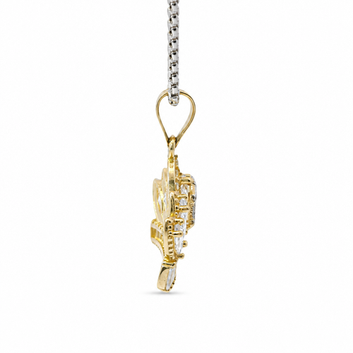 14KT Gold Charm Jumbo Two Tone Quincenaera "15" Center White Marquise Crown with White CZ Baguette Stones Band and Plain Bell