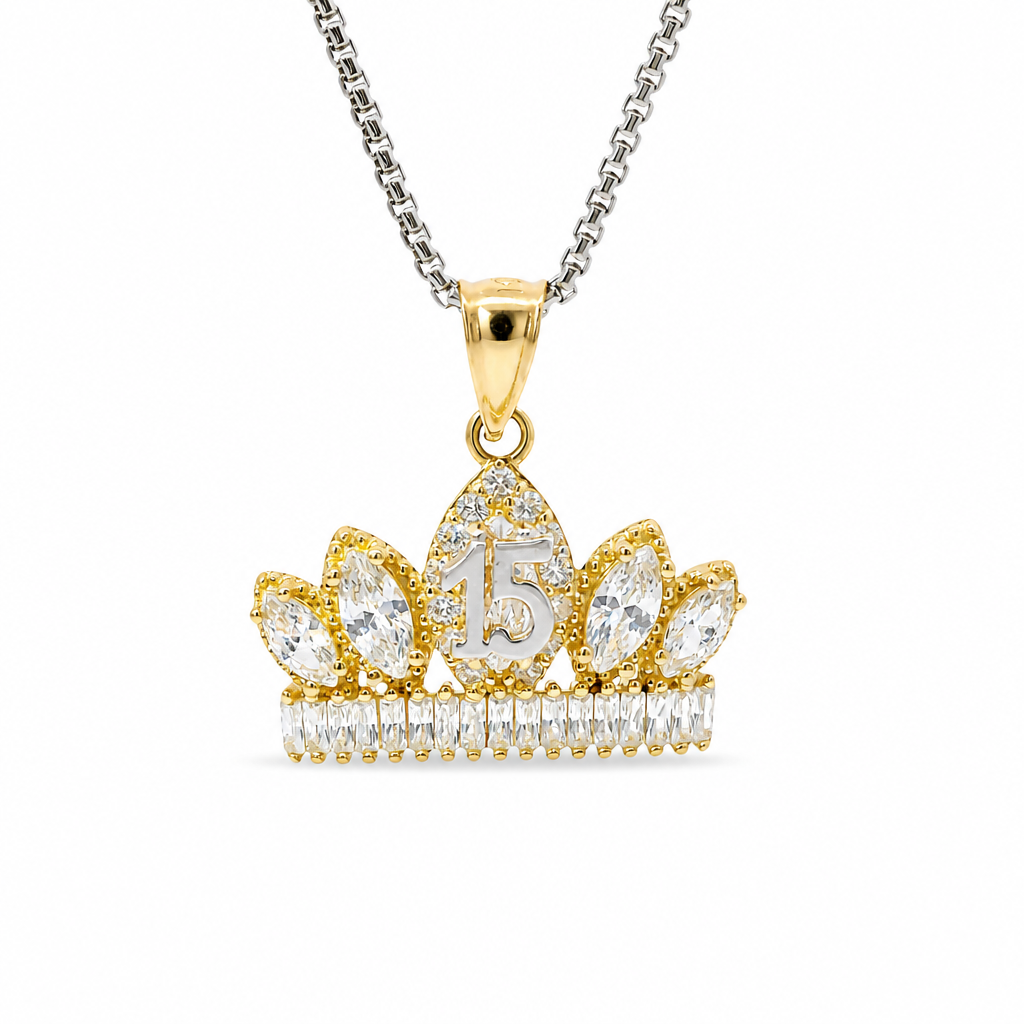 14KT Gold Charm Jumbo Two Tone Quincenaera "15" Center White Marquise Crown with White CZ Baguette Stones Band and Plain Bell