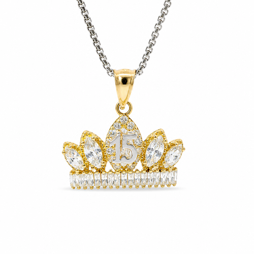 14KT Gold Charm Jumbo Two Tone Quincenaera "15" Center White Marquise Crown with White CZ Baguette Stones Band and Plain Bell
