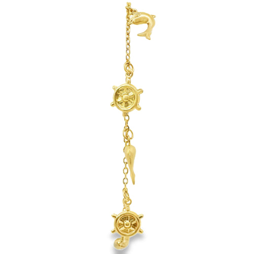 14KT Gold Bracelet Women's Charm Alternating Plain Puff Ship Wheel and Plain Puff Dolphins with White CZ Stone End Cable Link Lobster Clasp Band