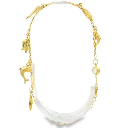 14KT Gold Bracelet Women's Charm Alternating Plain Puff Ship Wheel and Plain Puff Dolphins with White CZ Stone End Cable Link Lobster Clasp Band