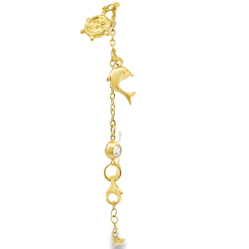 14KT Gold Bracelet Women's Charm Alternating Plain Puff Ship Wheel and Plain Puff Dolphins with White CZ Stone End Cable Link Lobster Clasp Band