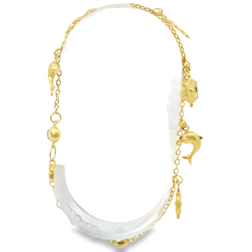 14KT Gold Bracelet Women's Charm Alternating Plain Puff Ship Wheel and Plain Puff Dolphins with White CZ Stone End Cable Link Lobster Clasp Band