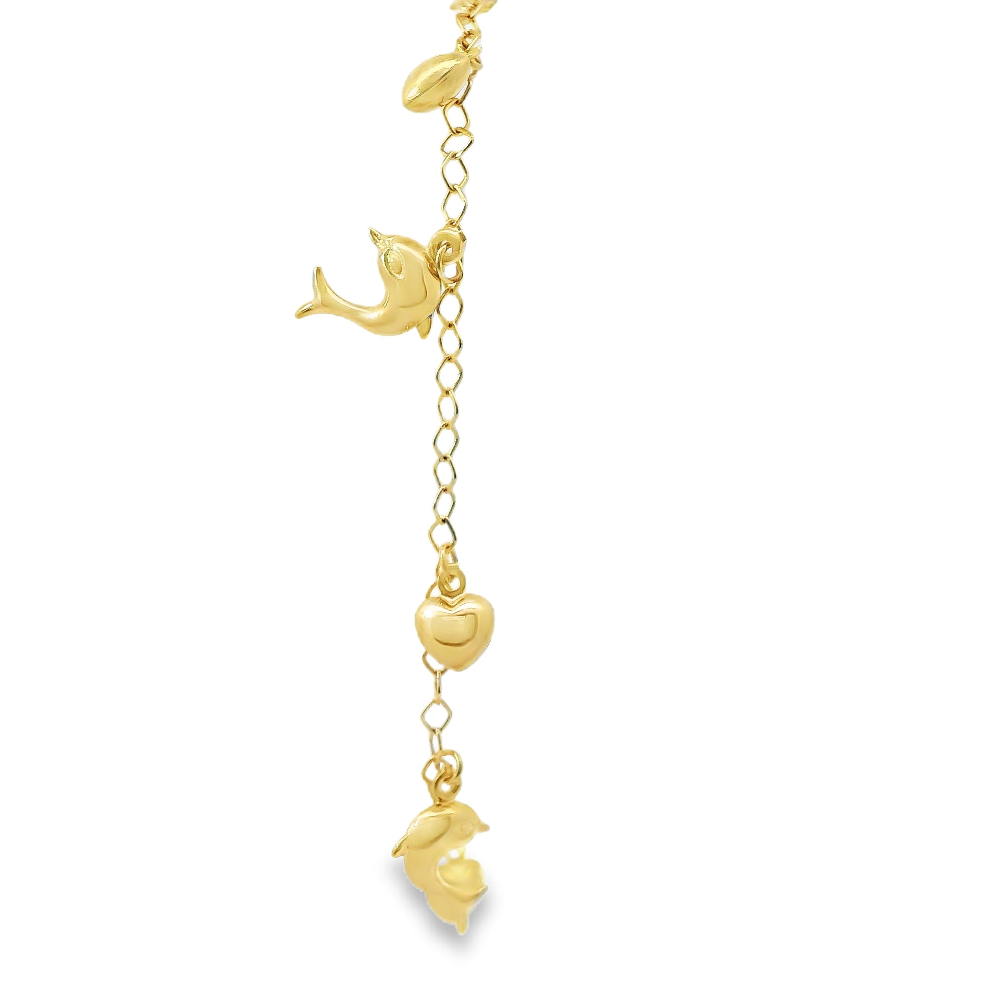 14KT Gold Bracelet Women's Charm Alternating Plain Puff Hearts and Plain Puff Dolphins with White CZ Stone End Cable Link Lobster Clasp Band