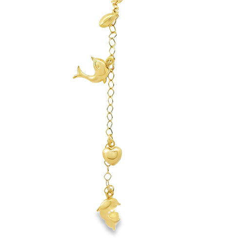 14KT Gold Bracelet Women's Charm Alternating Plain Puff Hearts and Plain Puff Dolphins with White CZ Stone End Cable Link Lobster Clasp Band
