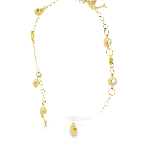 14KT Gold Bracelet Women's Charm Alternating Plain Puff Hearts and Plain Puff Dolphins with White CZ Stone End Cable Link Lobster Clasp Band