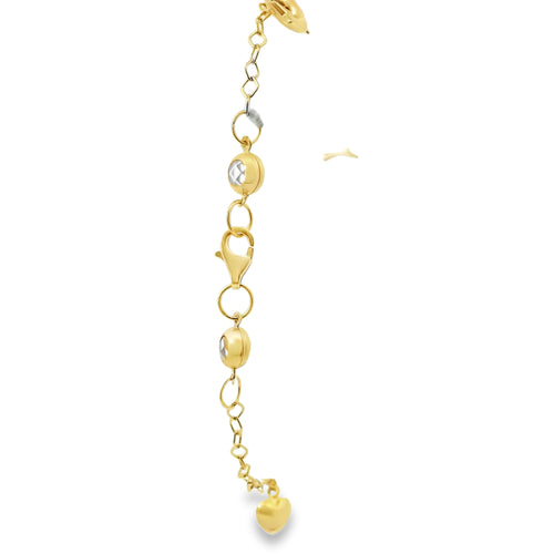 14KT Gold Bracelet Women's Charm Alternating Plain Puff Hearts and Plain Puff Dolphins with White CZ Stone End Cable Link Lobster Clasp Band