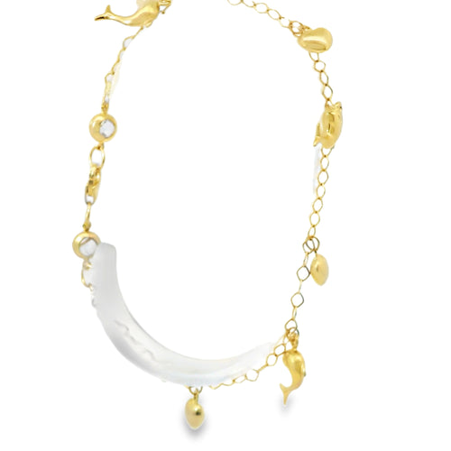 14KT Gold Bracelet Women's Charm Alternating Plain Puff Hearts and Plain Puff Dolphins with White CZ Stone End Cable Link Lobster Clasp Band