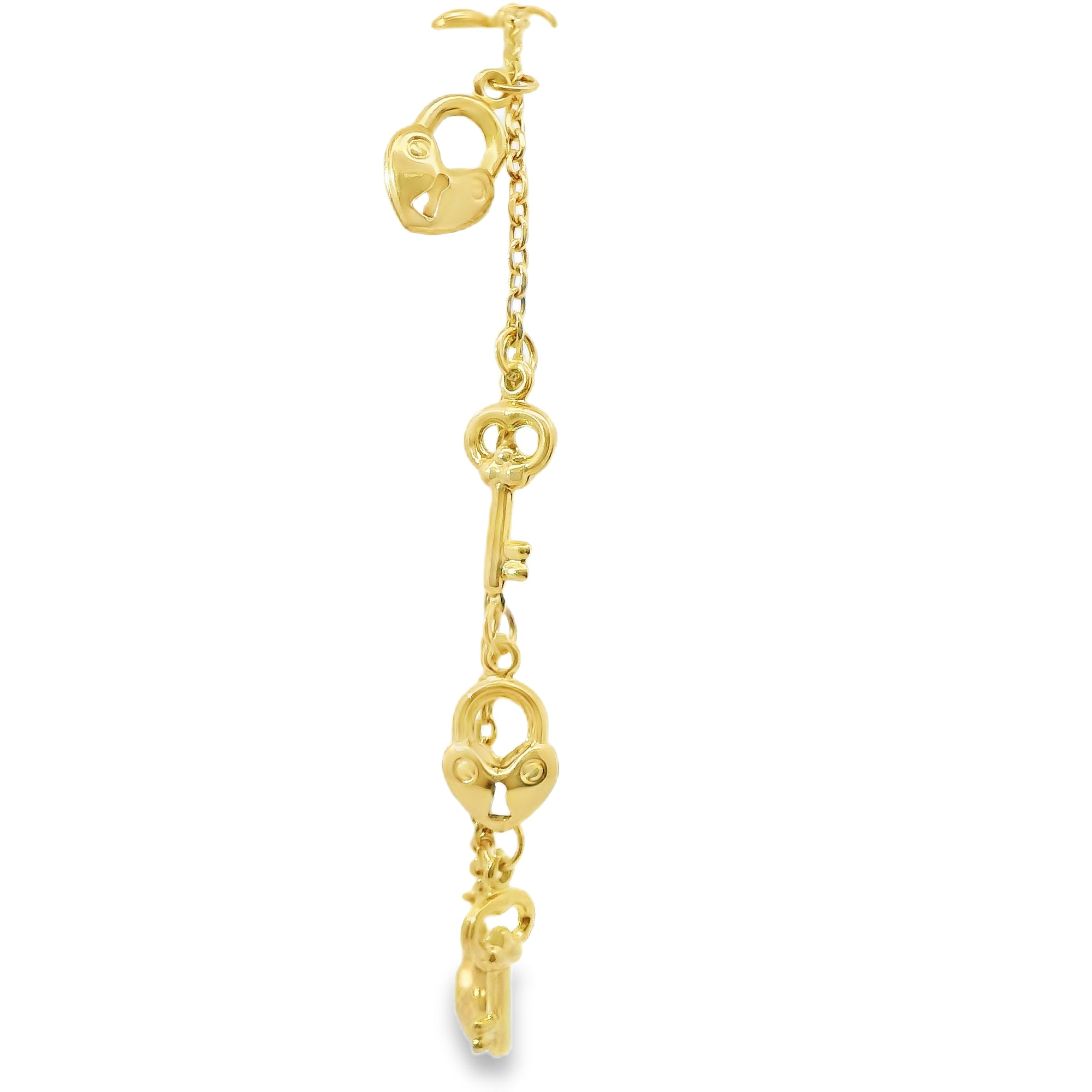 14KT Gold Bracelet Women's Charm Alternating Plain Puff Heart Locks and Plain Puff Heart Keys with White CZ Stone End Cable Link Lobster Clasp Band
