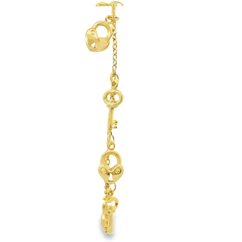 14KT Gold Bracelet Women's Charm Alternating Plain Puff Heart Locks and Plain Puff Heart Keys with White CZ Stone End Cable Link Lobster Clasp Band
