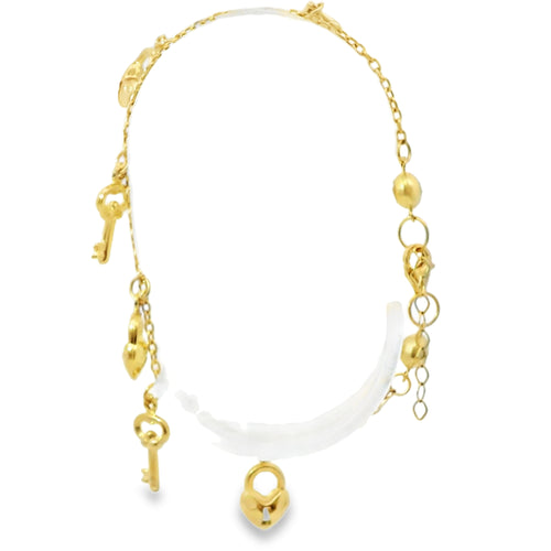 14KT Gold Bracelet Women's Charm Alternating Plain Puff Heart Locks and Plain Puff Heart Keys with White CZ Stone End Cable Link Lobster Clasp Band