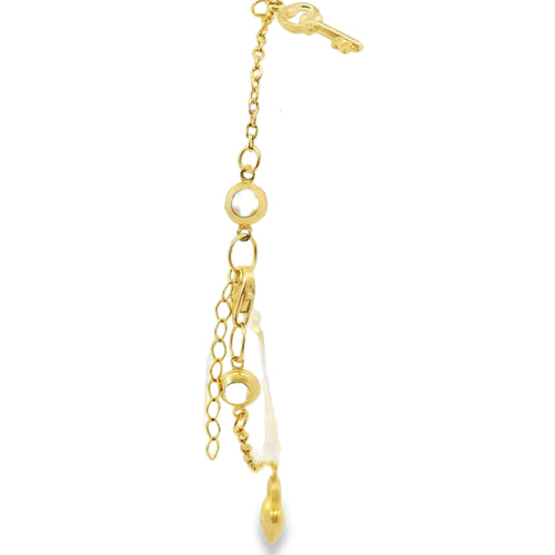 14KT Gold Bracelet Women's Charm Alternating Plain Puff Heart Locks and Plain Puff Heart Keys with White CZ Stone End Cable Link Lobster Clasp Band
