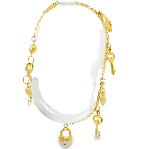 14KT Gold Bracelet Women's Charm Alternating Plain Puff Heart Locks and Plain Puff Heart Keys with White CZ Stone End Cable Link Lobster Clasp Band