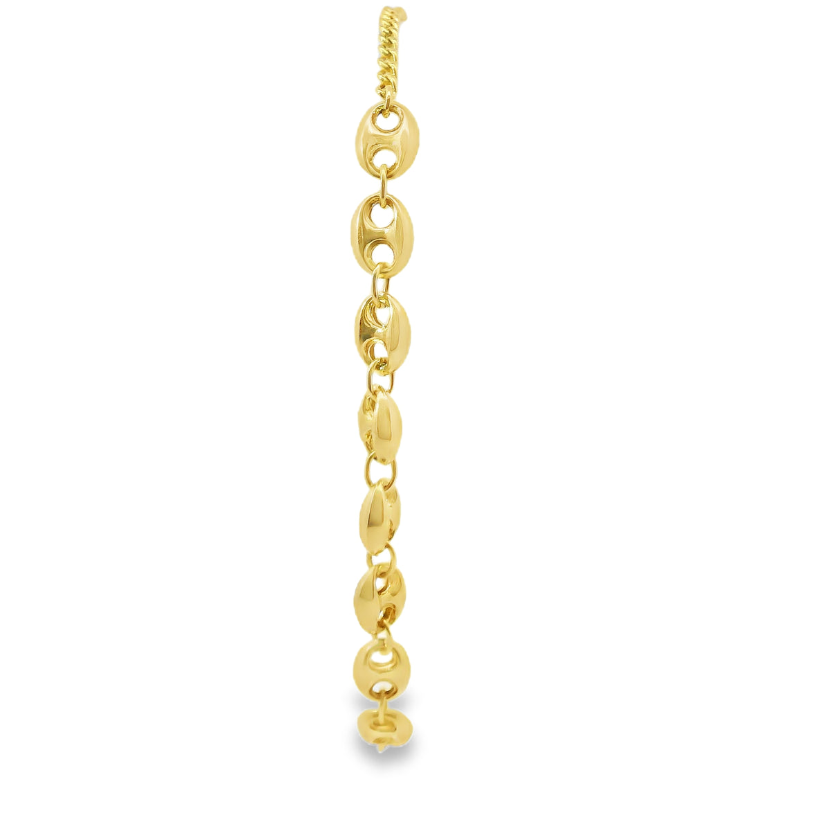 14KT Gold Bracelet Women's Plain Puff Mariner Links with Cable Link Band and White CZ Stone End Cable Link Lobster Clasp