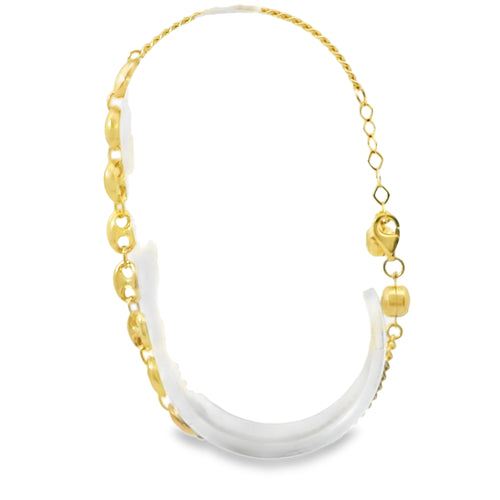 14KT Gold Bracelet Women's Plain Puff Mariner Links with Cable Link Band and White CZ Stone End Cable Link Lobster Clasp